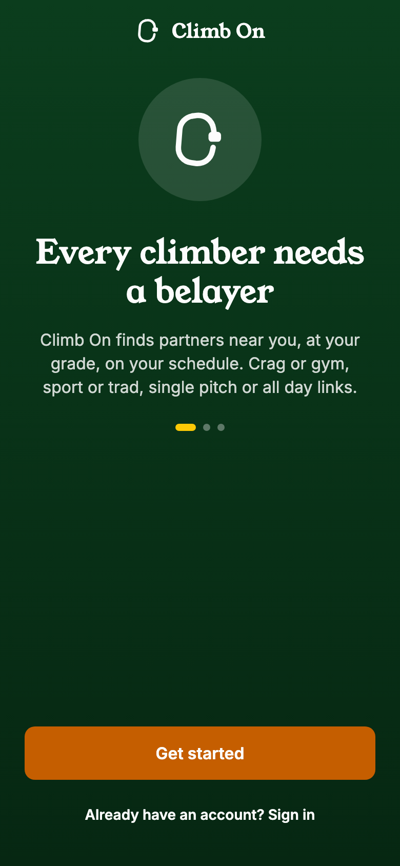 Climb On welcome screen: Every climber needs a belayer